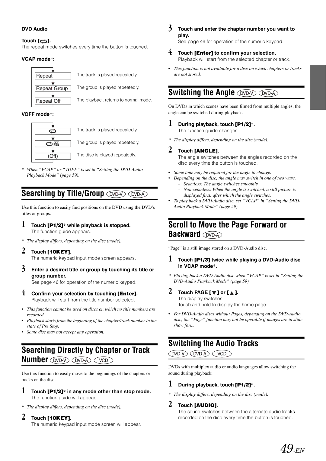 Alpine INA-W910 owner manual Searching by Title/Group, Searching Directly by Chapter or Track Number, Switching the Angle 