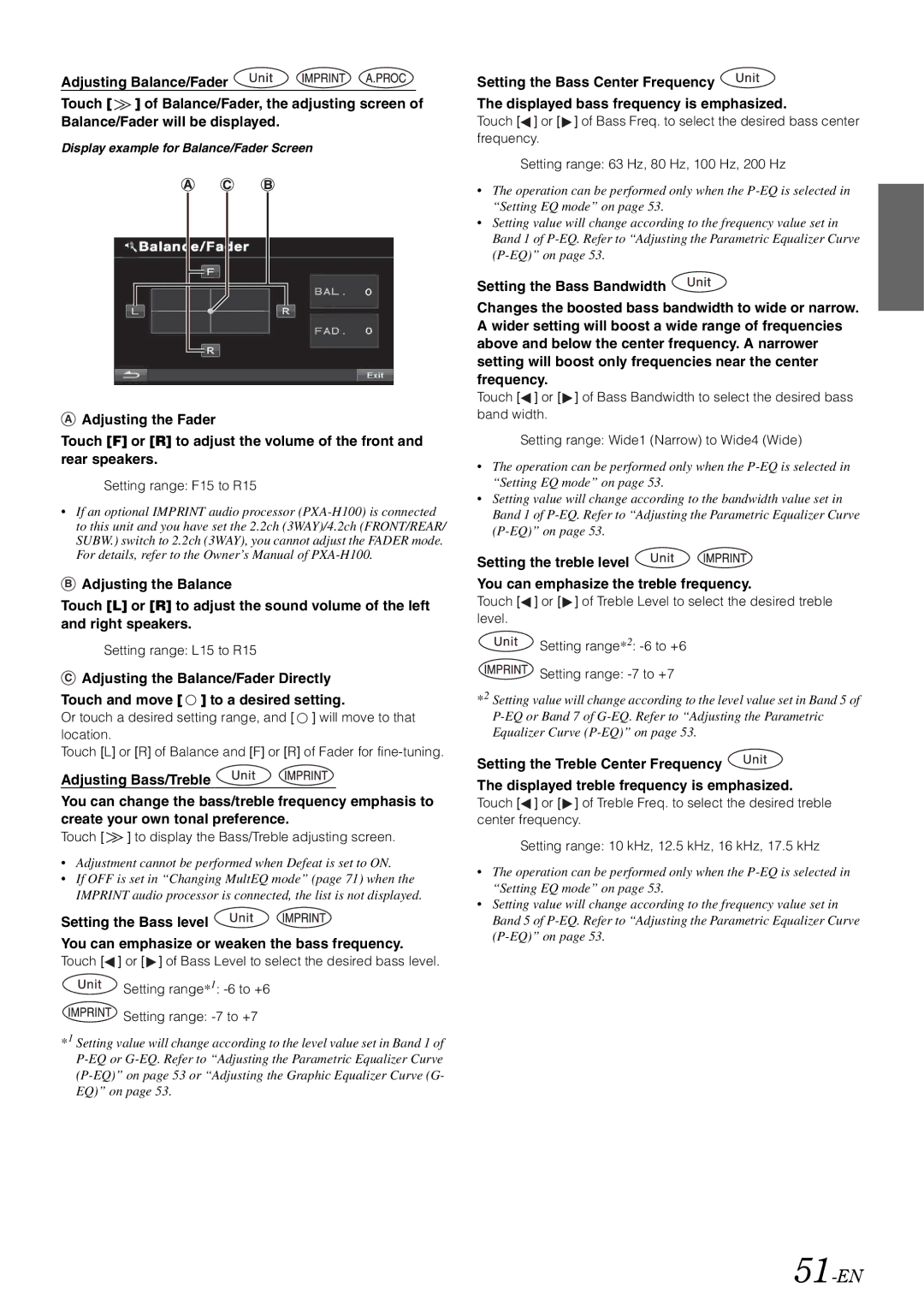 Alpine INA-W910 51-EN, Setting range F15 to R15, Setting range L15 to R15, Display example for Balance/Fader Screen 