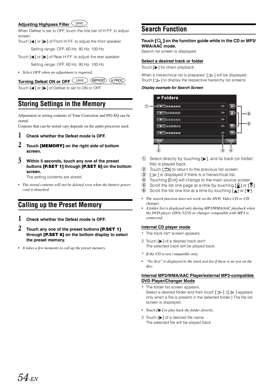 Alpine INA-W910 owner manual Search Function, Storing Settings in the Memory, Calling up the Preset Memory, 54-EN 