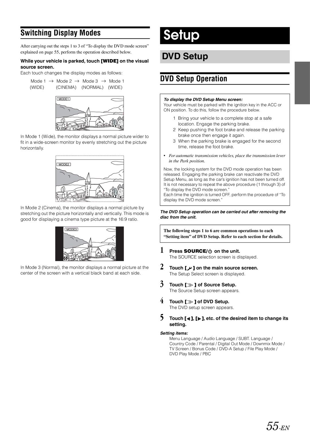 Alpine INA-W910 owner manual Switching Display Modes, DVD Setup Operation, 55-EN 