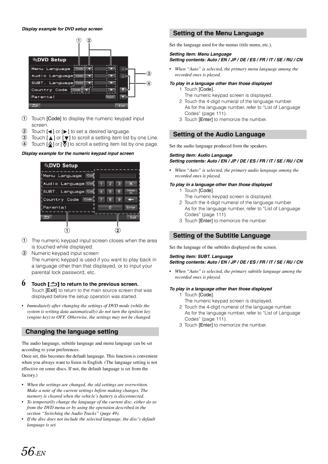 Alpine INA-W910 Changing the language setting, 56-EN, Setting of the Menu Language, Setting of the Audio Language 