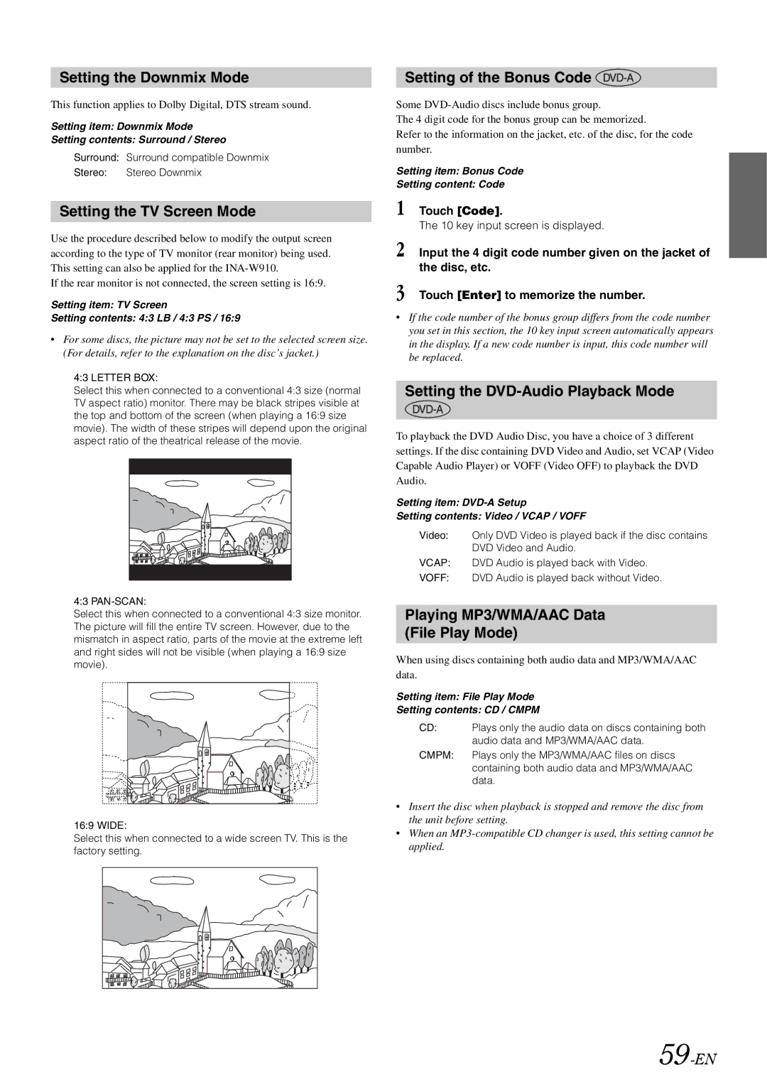 Alpine INA-W910 owner manual Setting the Downmix Mode, Setting the TV Screen Mode, Setting of the Bonus Code 