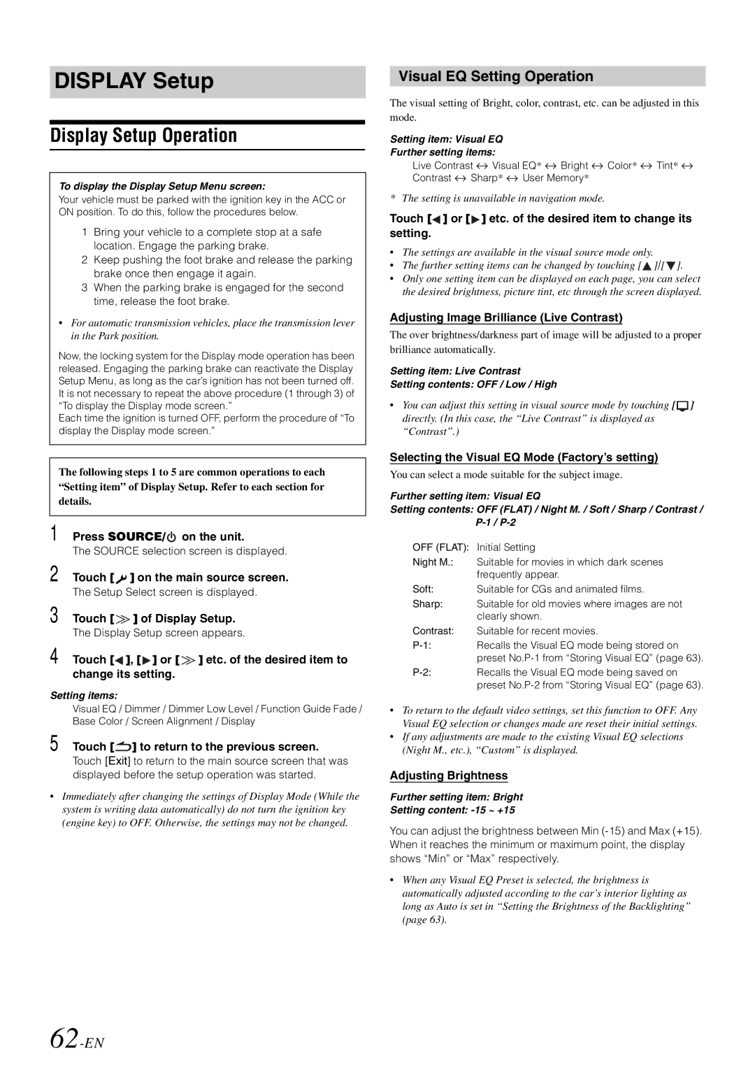 Alpine INA-W910 owner manual Display Setup Operation, Visual EQ Setting Operation, 62-EN 