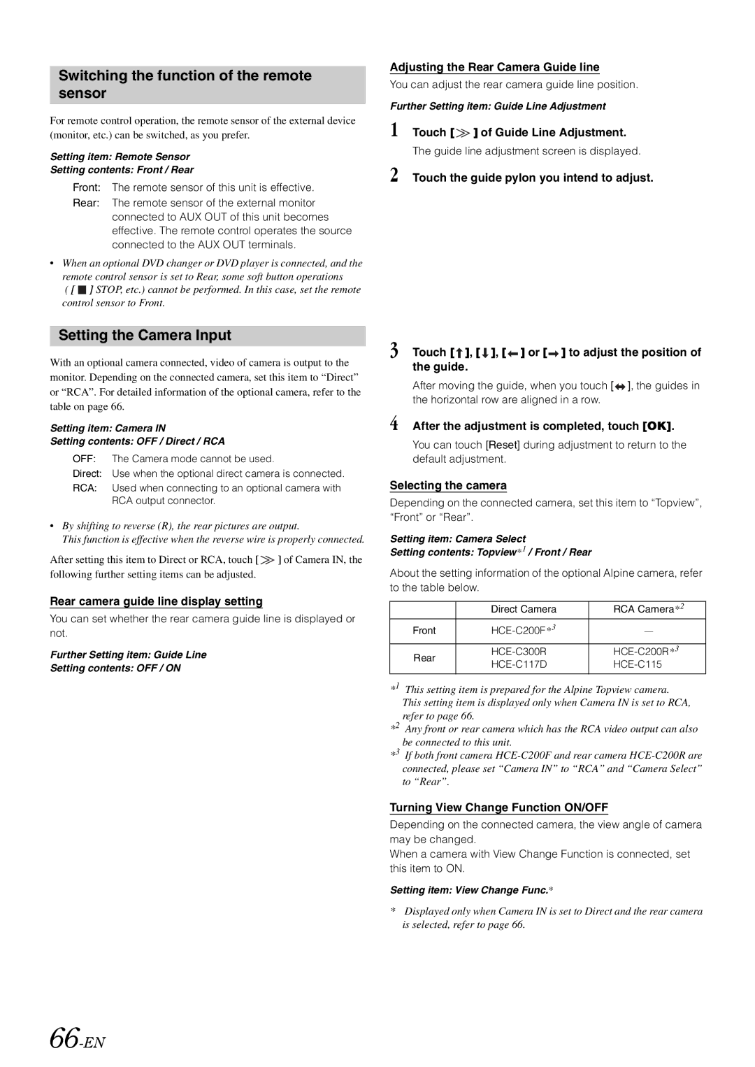 Alpine INA-W910 owner manual Switching the function of the remote sensor, Setting the Camera Input, 66-EN 