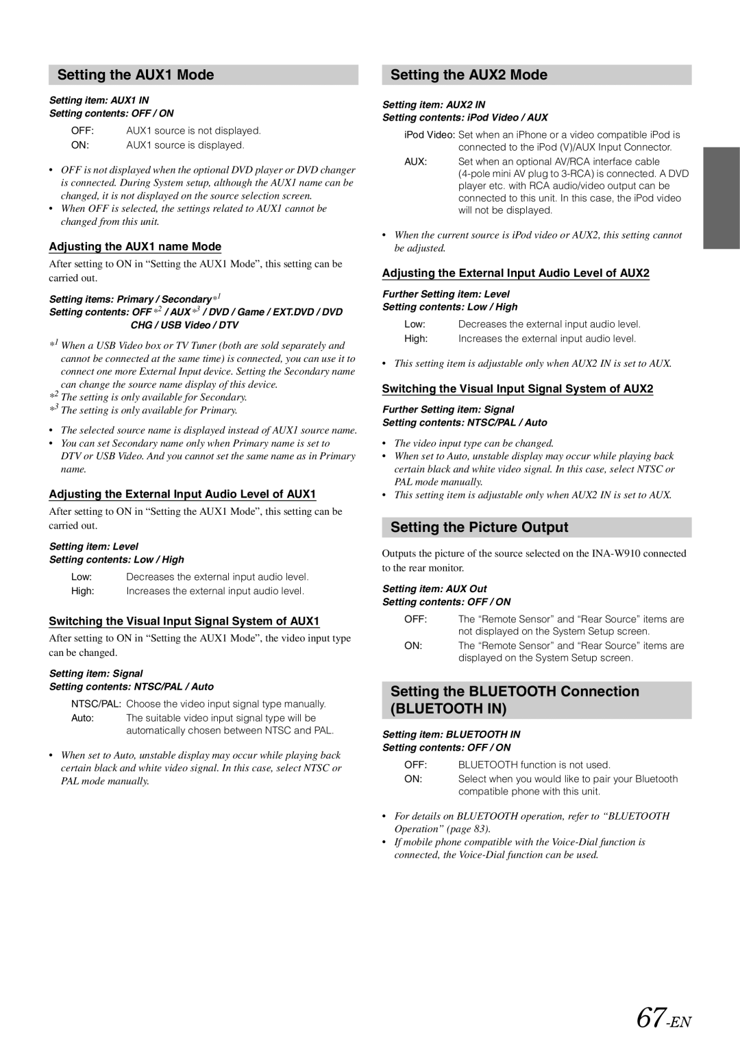 Alpine INA-W910 Setting the AUX1 Mode, Setting the AUX2 Mode, Setting the Picture Output, Setting the Bluetooth Connection 