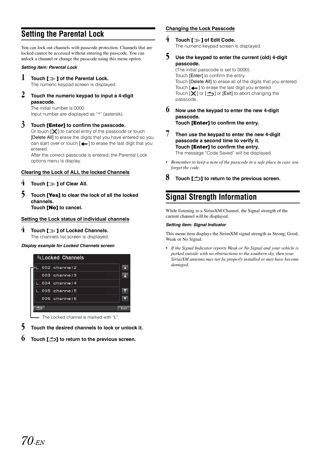 Alpine INA-W910 owner manual Setting the Parental Lock, Signal Strength Information, 70-EN 