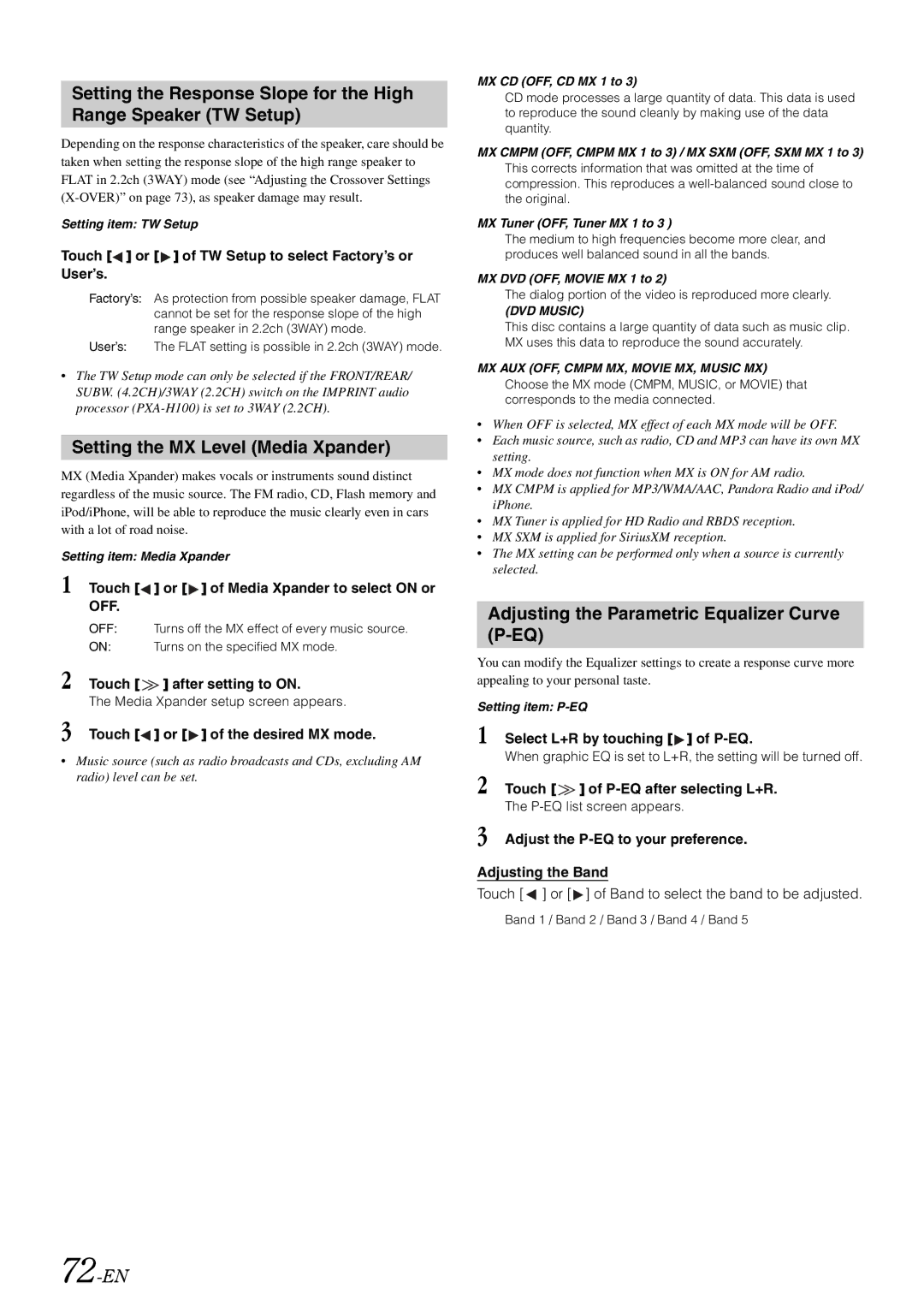 Alpine INA-W910 owner manual Setting the MX Level Media Xpander, 72-EN, Adjusting the Parametric Equalizer Curve P-EQ 