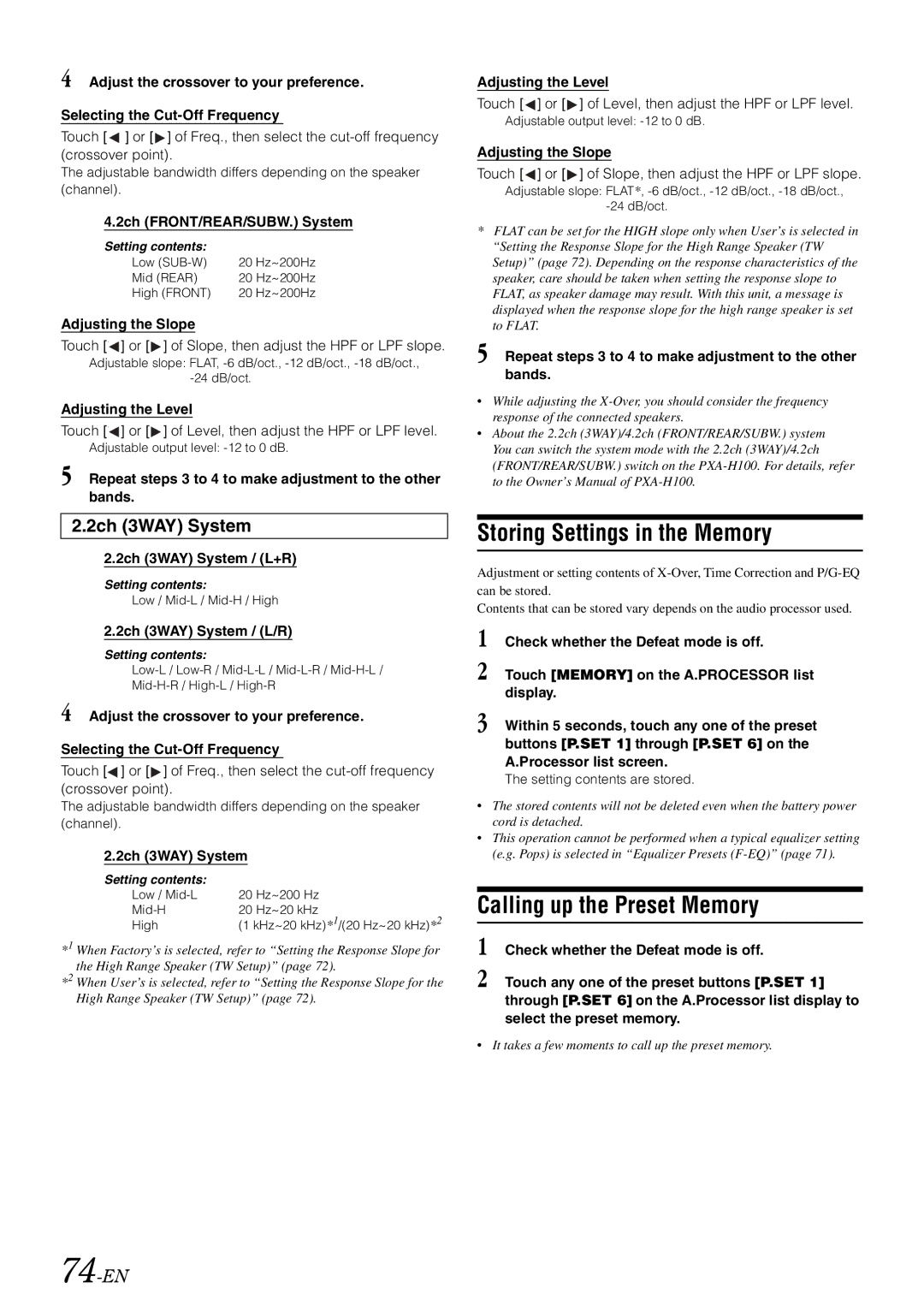 Alpine INA-W910 owner manual 2ch 3WAY System, 74-EN 