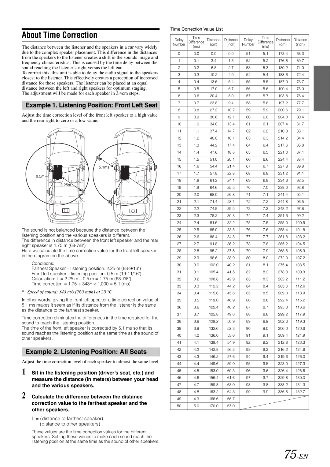 Alpine INA-W910 owner manual About Time Correction, Example 1. Listening Position Front Left Seat, 75-EN 