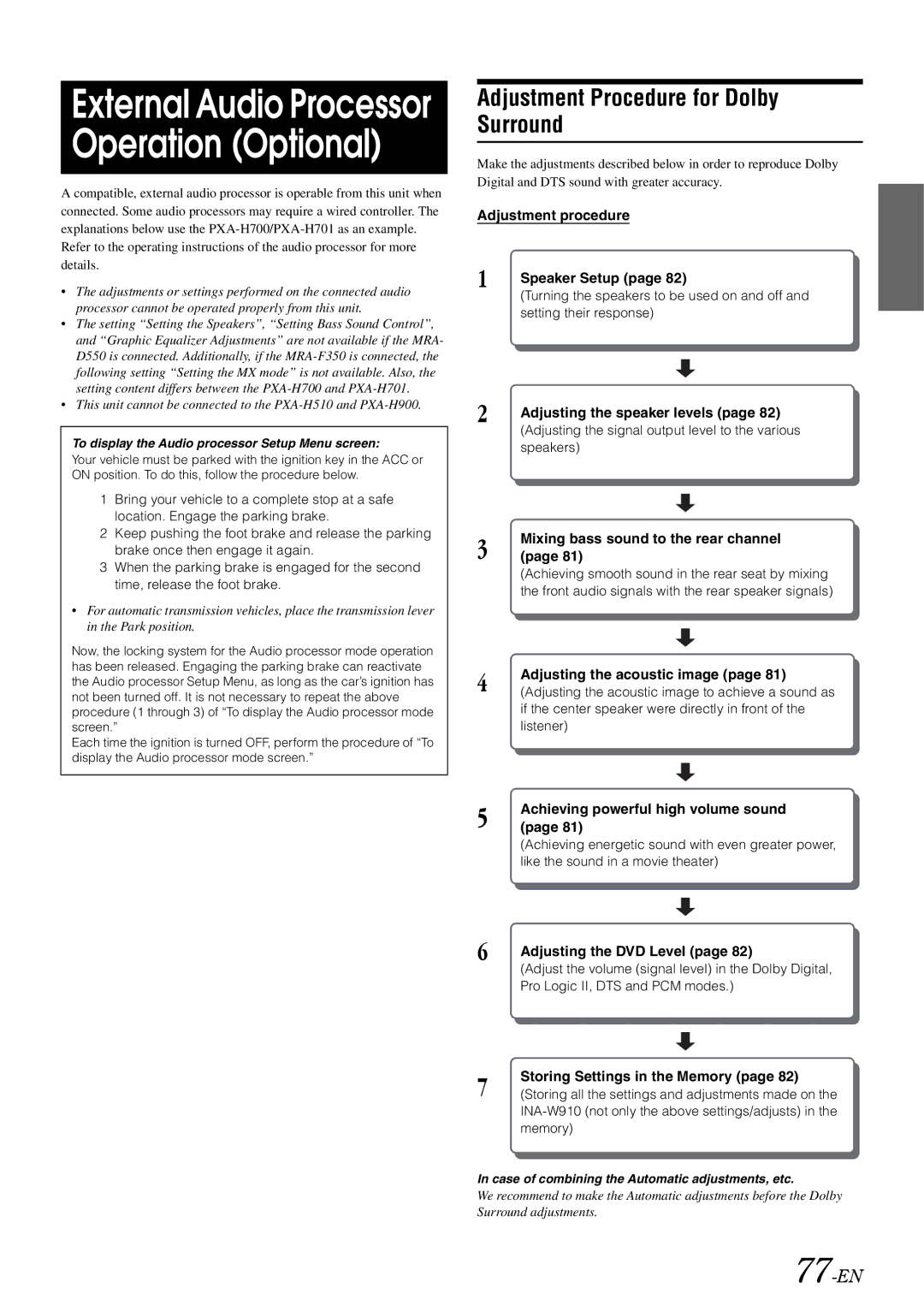 Alpine INA-W910 owner manual Adjustment Procedure for Dolby Surround, 77-EN 