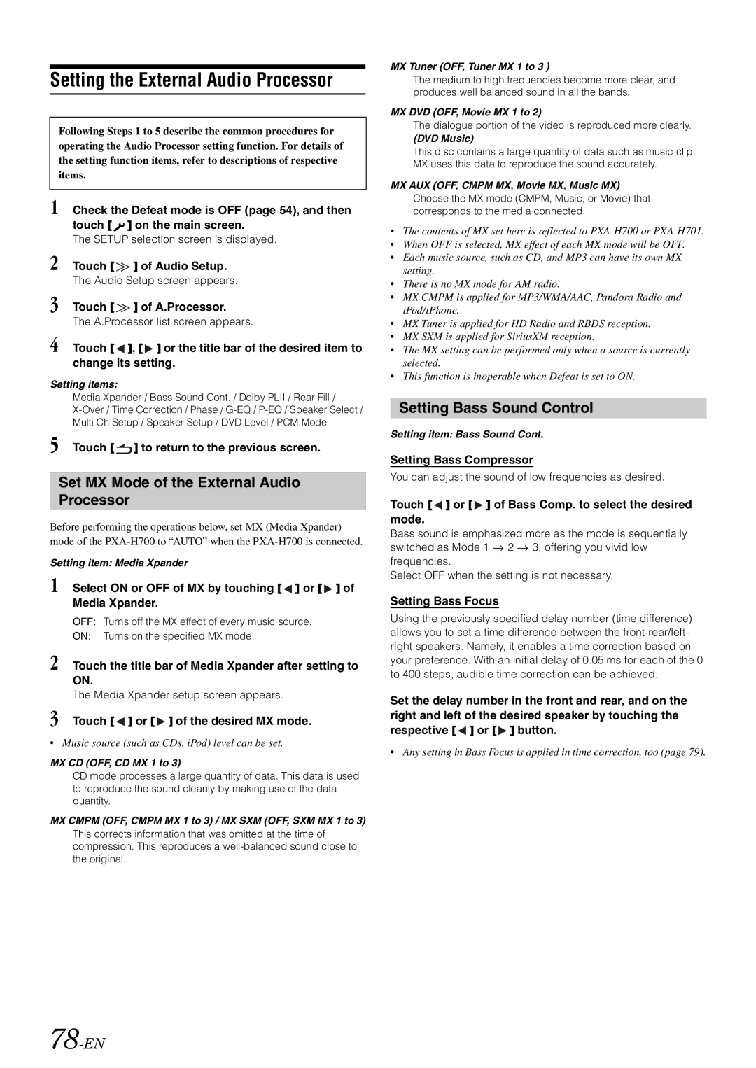 Alpine INA-W910 owner manual Setting the External Audio Processor, Set MX Mode of the External Audio Processor, 78-EN 