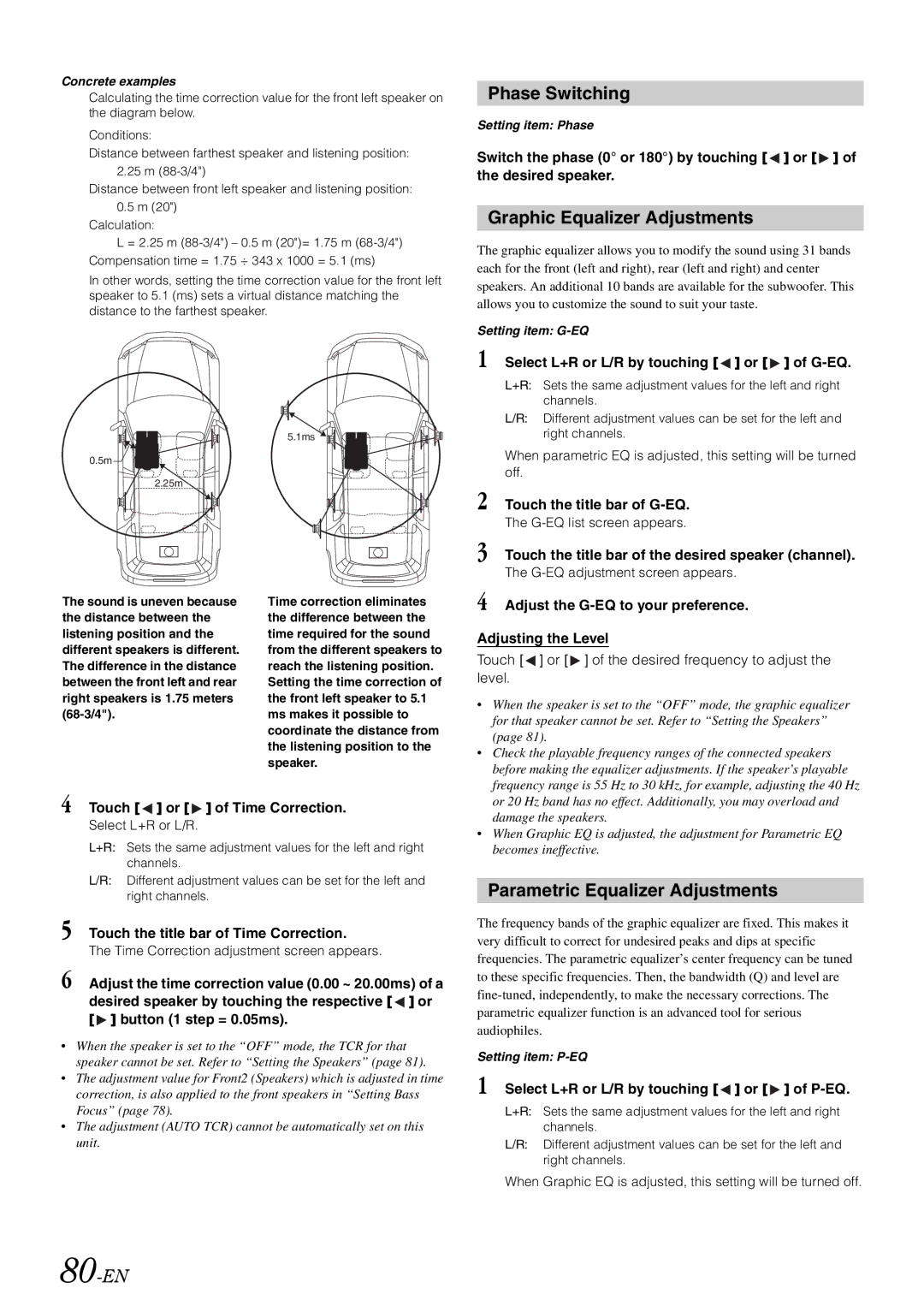 Alpine INA-W910 owner manual Phase Switching, Graphic Equalizer Adjustments, 80-EN, Parametric Equalizer Adjustments 