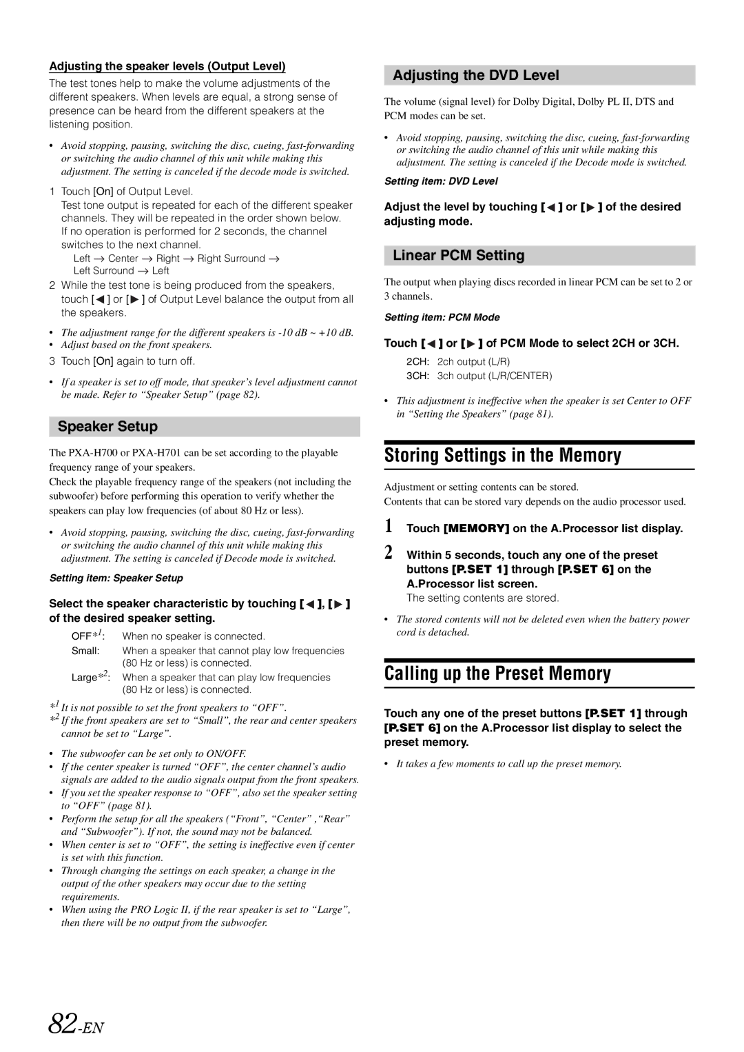 Alpine INA-W910 owner manual Speaker Setup, Adjusting the DVD Level, Linear PCM Setting, 82-EN 