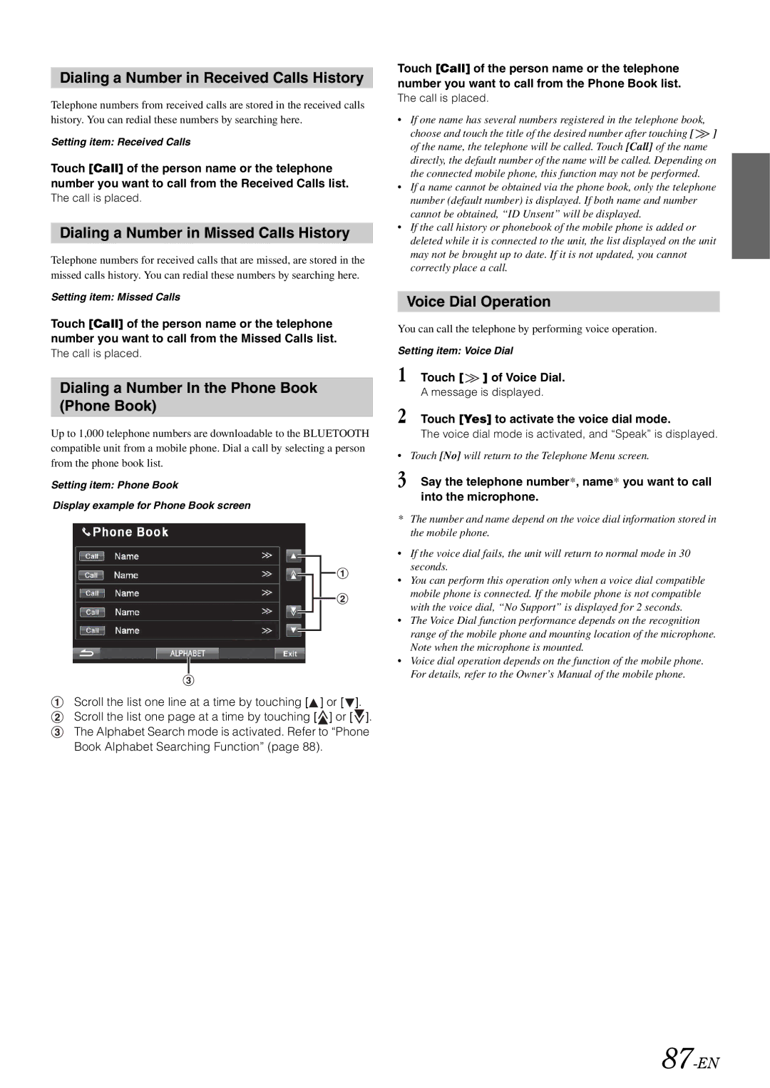 Alpine INA-W910 Dialing a Number in Received Calls History, Dialing a Number in Missed Calls History, Voice Dial Operation 