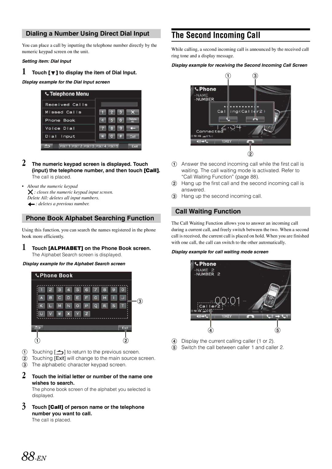 Alpine INA-W910 Second Incoming Call, Dialing a Number Using Direct Dial Input, Phone Book Alphabet Searching Function 