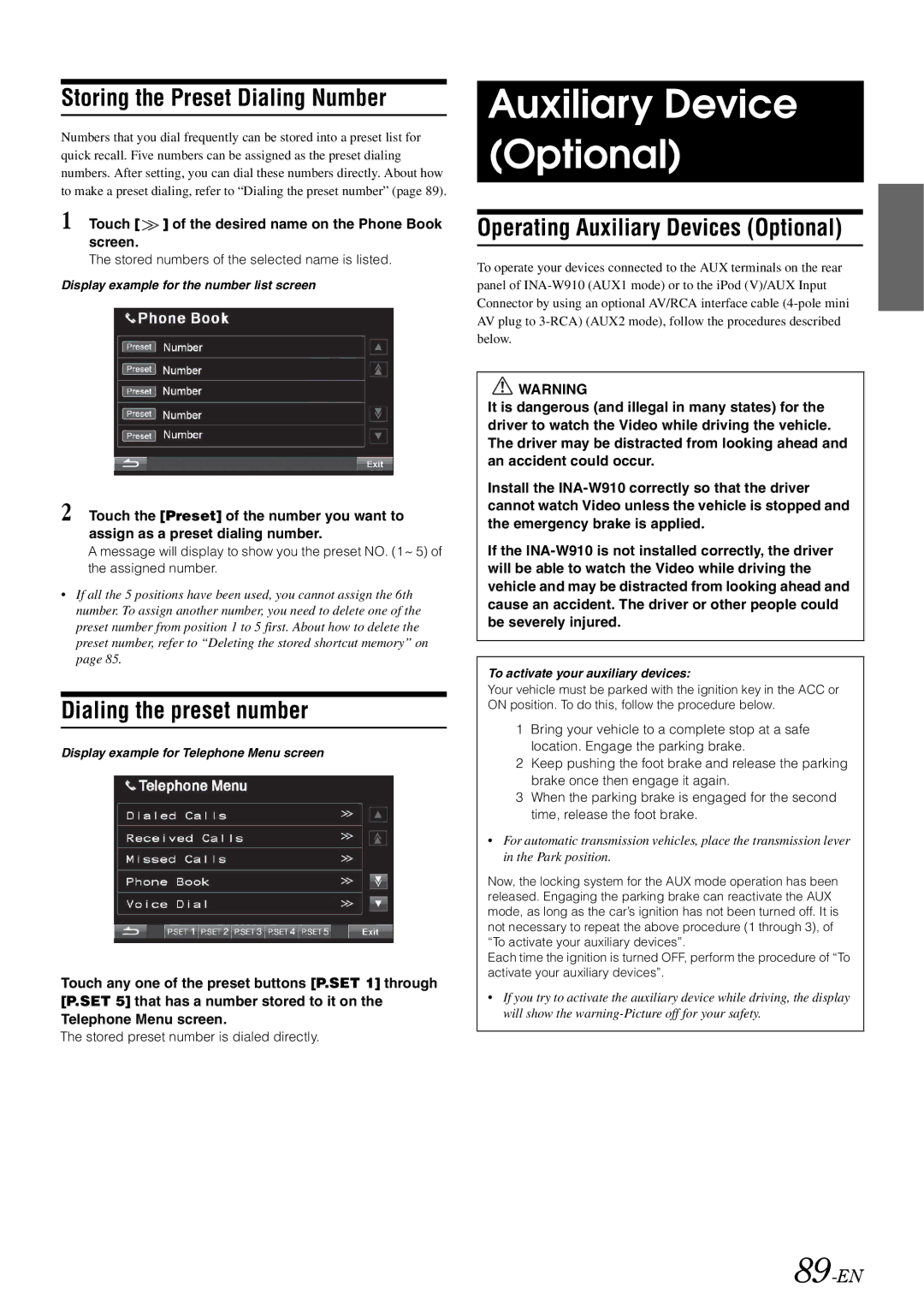 Alpine INA-W910 owner manual Auxiliary Device Optional, Storing the Preset Dialing Number, Dialing the preset number, 89-EN 