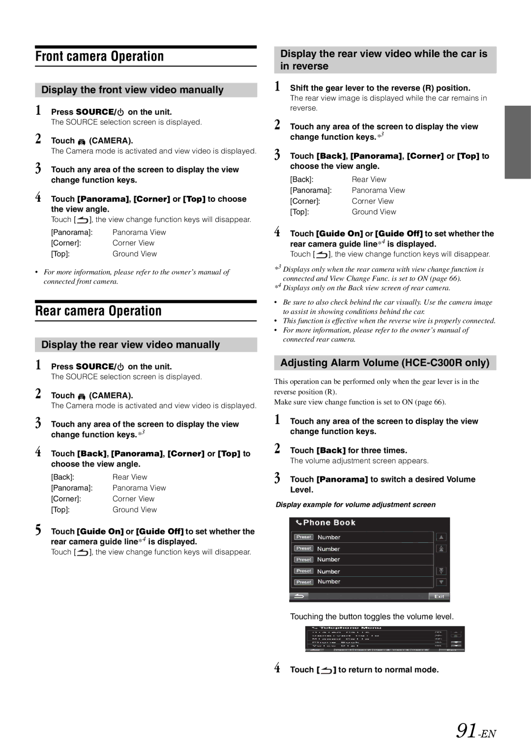 Alpine INA-W910 owner manual Front camera Operation, Rear camera Operation 