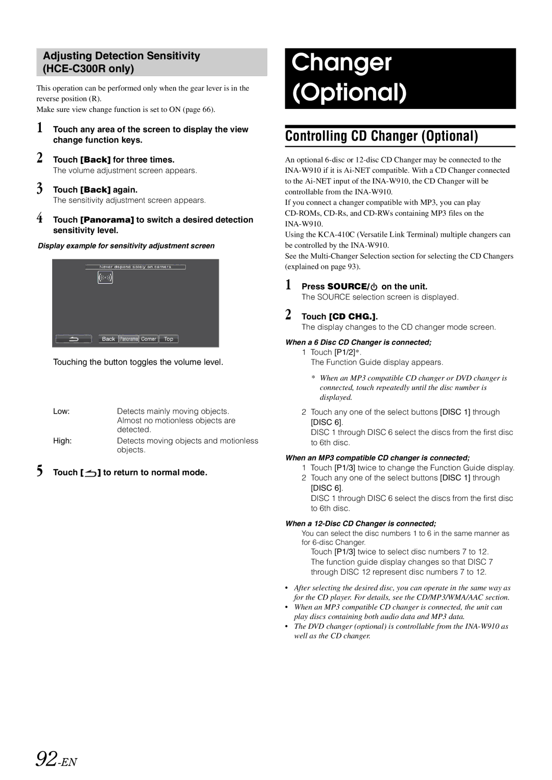 Alpine INA-W910 owner manual Controlling CD Changer Optional, Adjusting Detection Sensitivity HCE-C300R only, 92-EN 