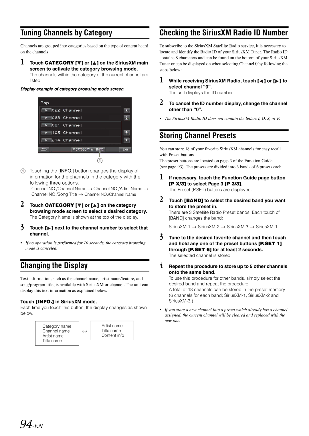 Alpine INA-W910 Tuning Channels by Category, Checking the SiriusXM Radio ID Number, Storing Channel Presets, 94-EN 