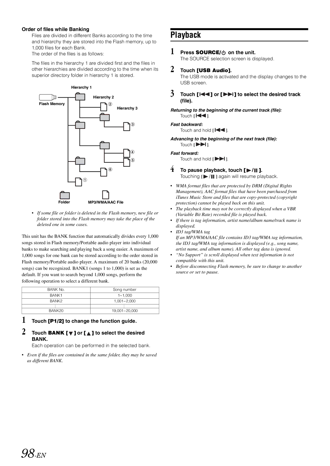 Alpine INA-W910 owner manual 98-EN, Order of files while Banking, Touch USB Audio, To pause playback, touch 