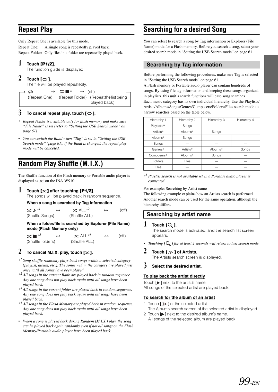 Alpine INA-W910 owner manual Random Play Shuffle M.I.X, Searching for a desired Song, Searching by Tag information, 99-EN 