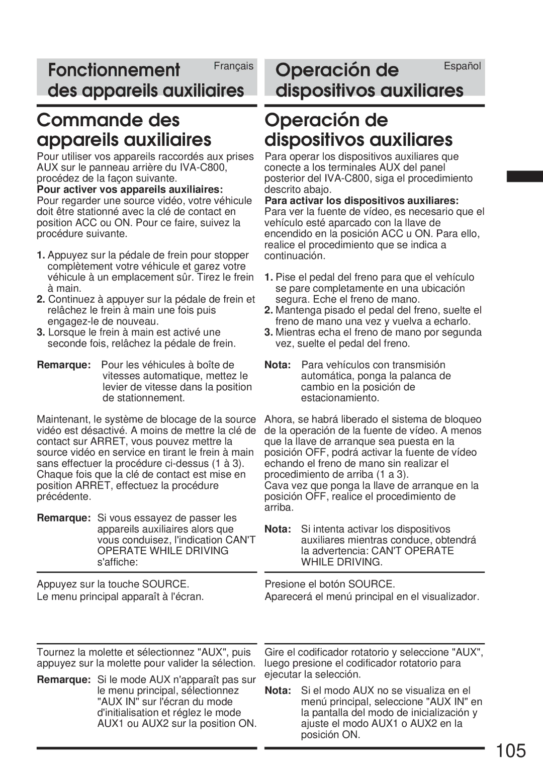 Alpine IVA-C800 owner manual 105, Dispositivos auxiliares, Operación de dispositivos auxiliares 