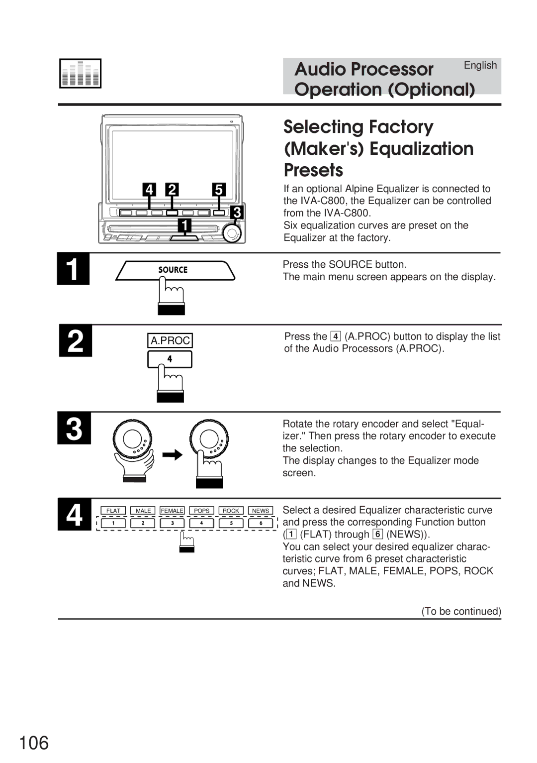 Alpine IVA-C800 owner manual 106, Audio Processor, Selecting Factory Makers Equalization Presets 