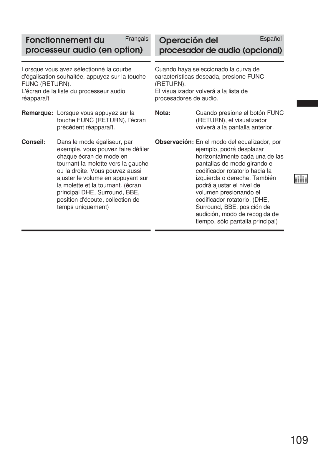 Alpine IVA-C800 owner manual 109, Cuando presione el botón Func, Conseil, Ejemplo, podrá desplazar, Chaque écran de mode en 