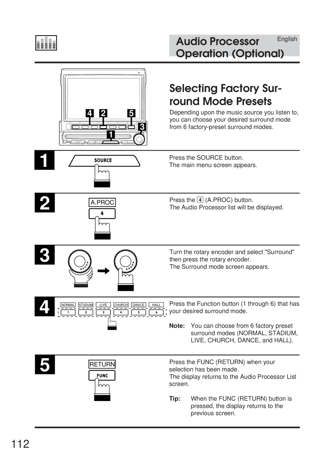 Alpine IVA-C800 owner manual 112, Selecting Factory Sur, Round Mode Presets 