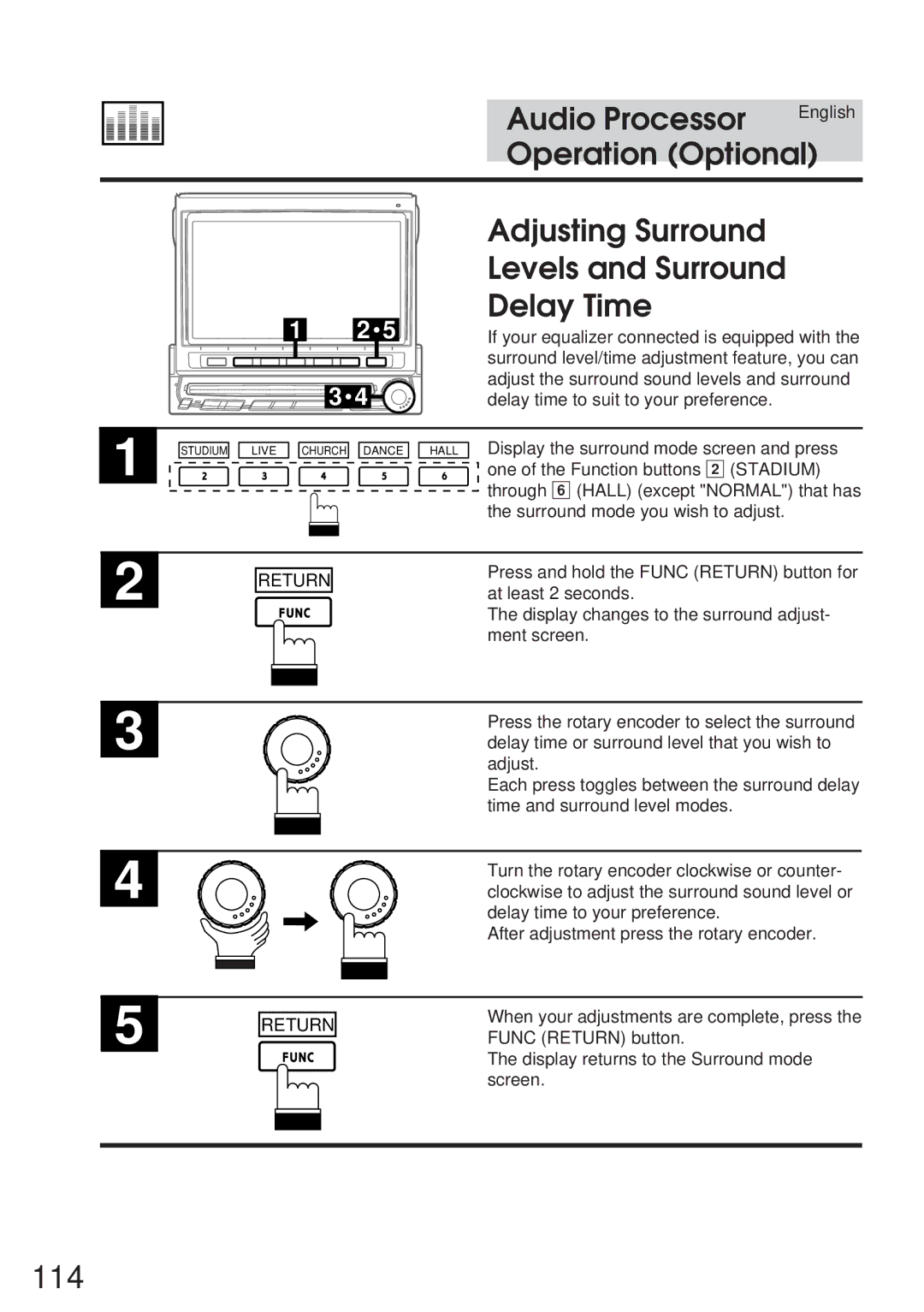 Alpine IVA-C800 owner manual 114, Adjusting Surround Levels and Surround Delay Time 