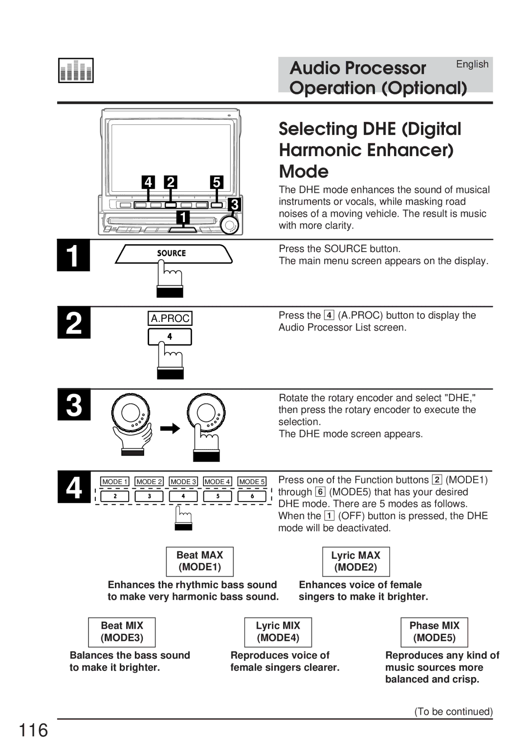 Alpine IVA-C800 owner manual 116, Selecting DHE Digital, Harmonic Enhancer Mode, Beat MAX MODE1 Lyric MAX 