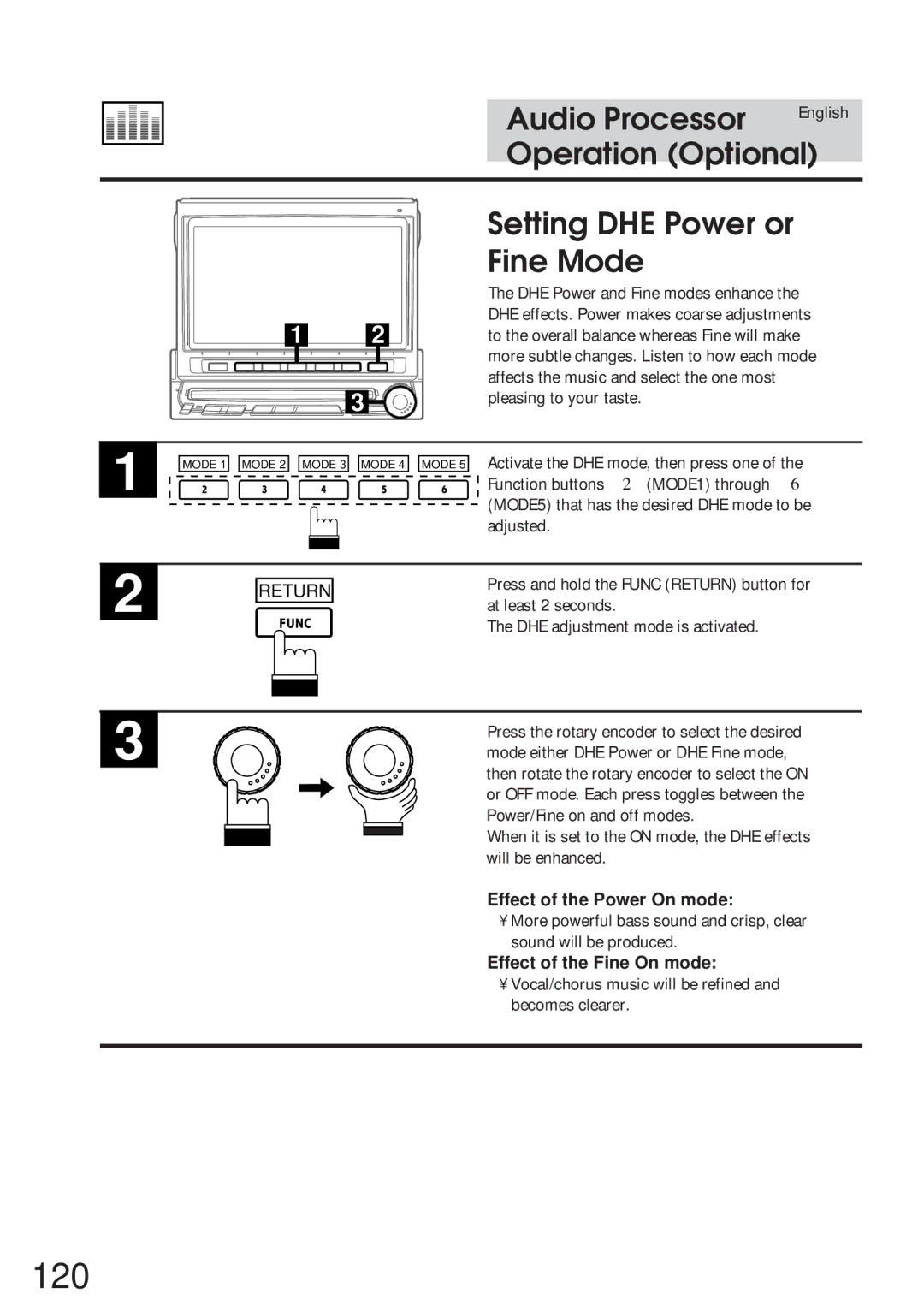 Alpine IVA-C800 owner manual 120, Setting DHE Power or Fine Mode, Effect of the Power On mode, Effect of the Fine On mode 