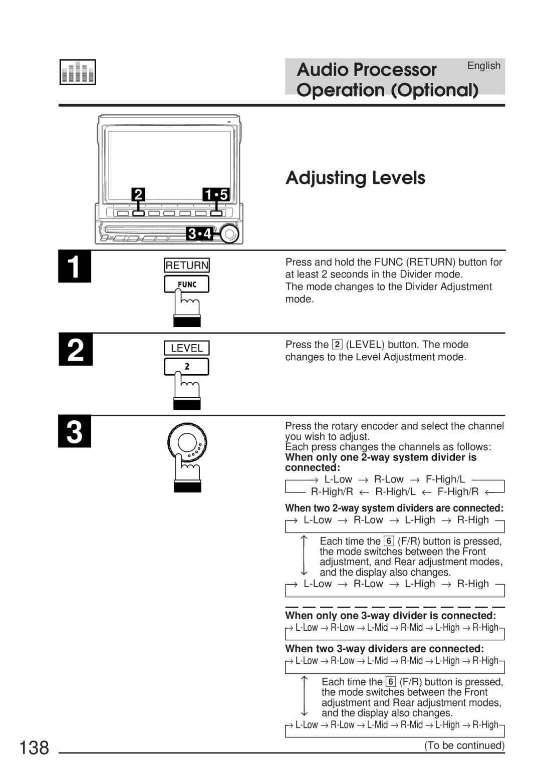 Alpine IVA-C800 owner manual 138, Adjusting Levels, When only one 2-way system divider is connected 