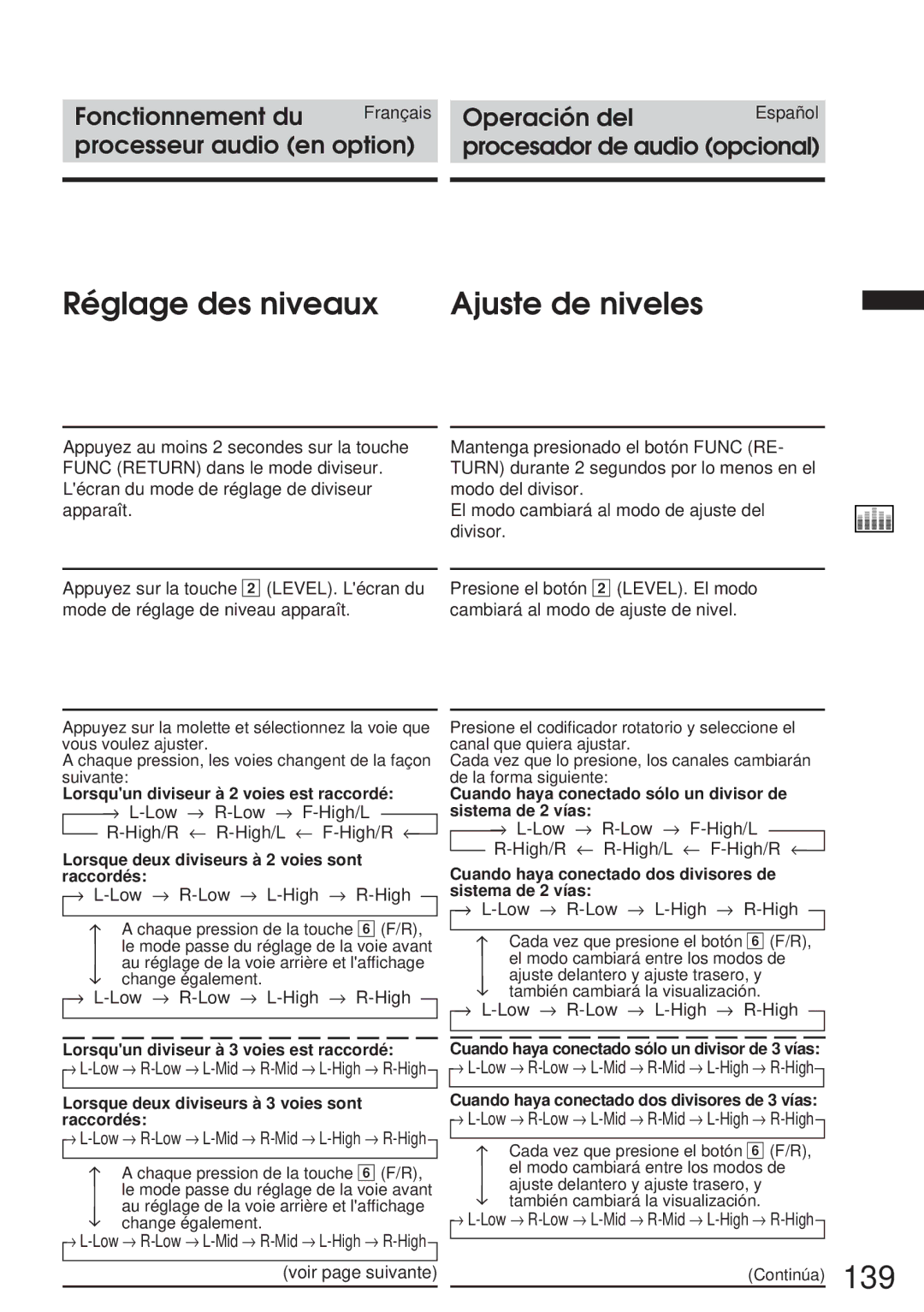 Alpine IVA-C800 owner manual Réglage des niveaux Ajuste de niveles, → L-Low → R-Low → L-Mid → R-Mid → L-High → R-High 