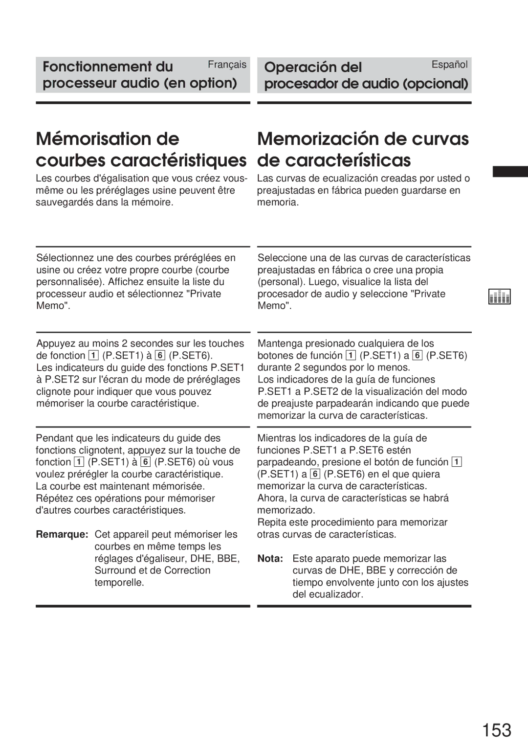 Alpine IVA-C800 owner manual 153, Mémorisation de courbes caractéristiques, Memorización de curvas de características 