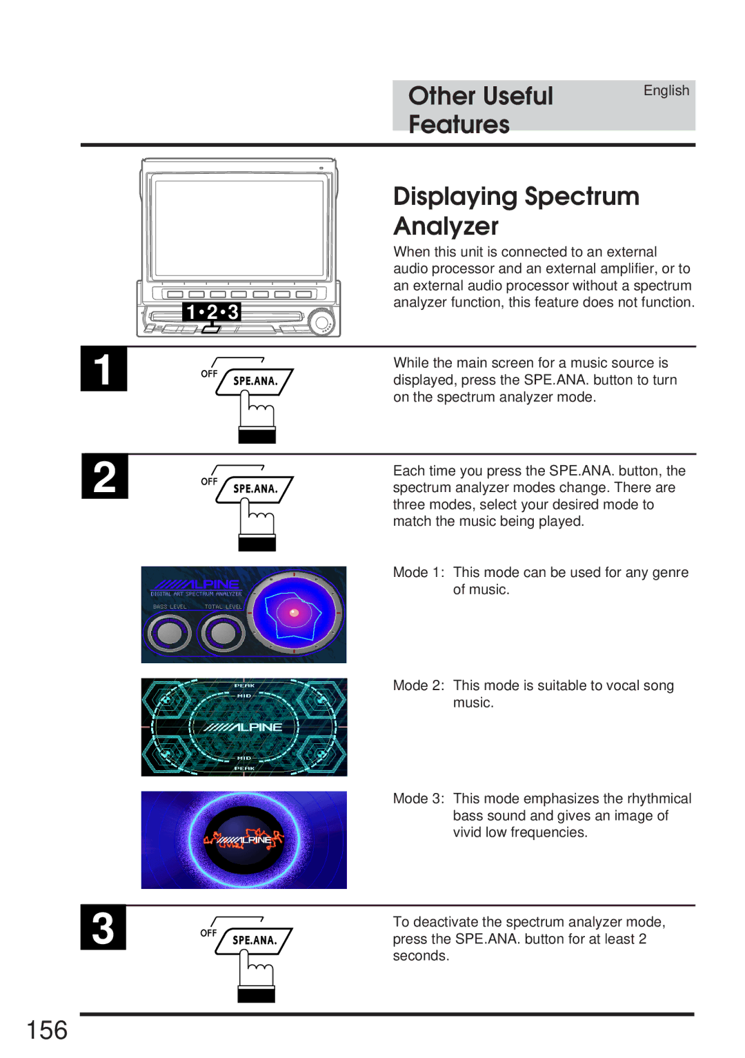 Alpine IVA-C800 owner manual 156, Other Useful Features, Displaying Spectrum, Analyzer 