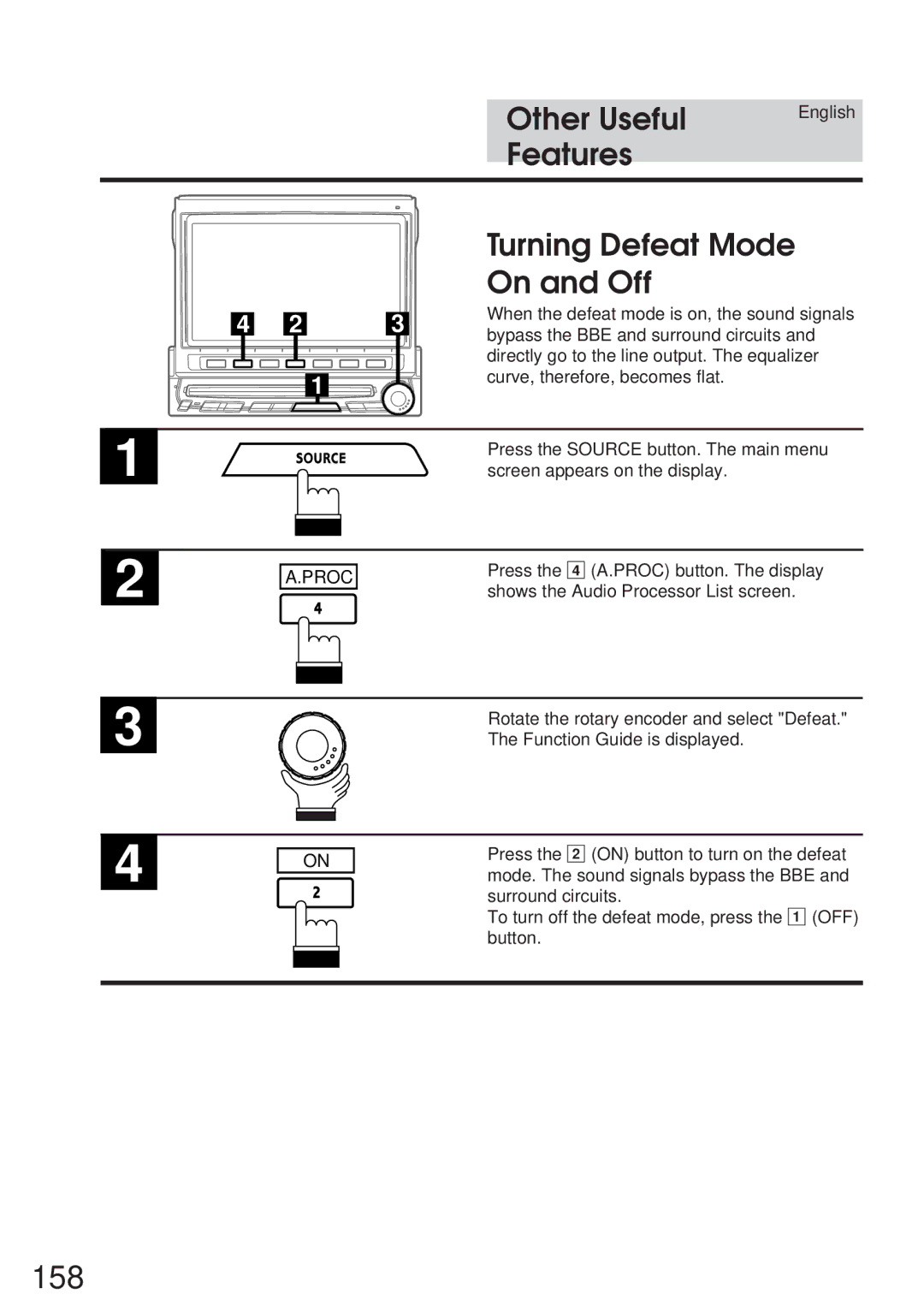 Alpine IVA-C800 owner manual 158, Other Useful, Features Turning Defeat Mode On and Off 