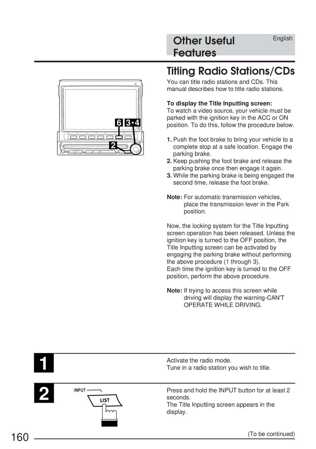 Alpine IVA-C800 owner manual 160, Features Titling Radio Stations/CDs 