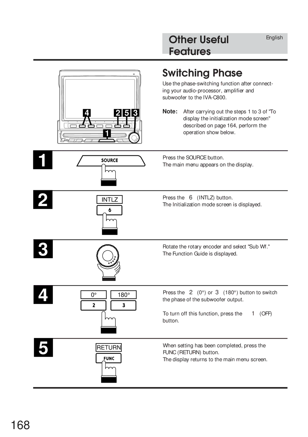 Alpine IVA-C800 owner manual 168, Features Switching Phase 