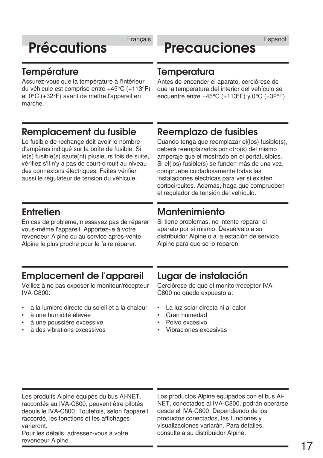 Alpine IVA-C800 owner manual Précautions Precauciones, Français Español 