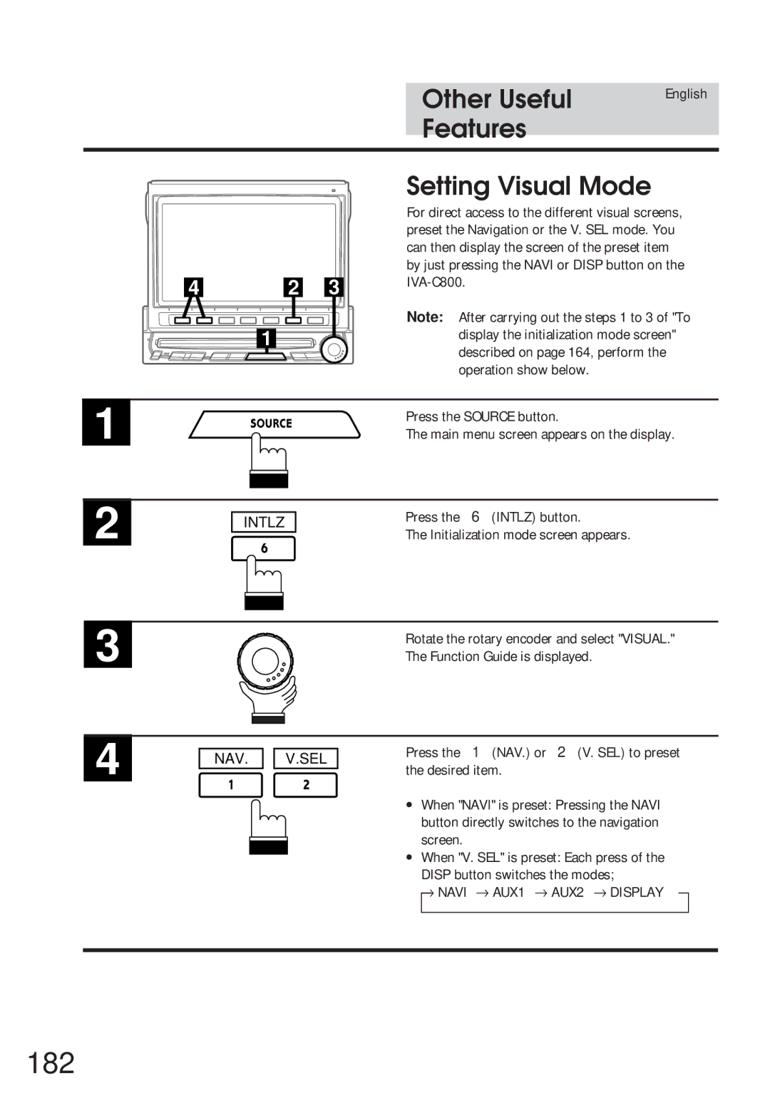 Alpine IVA-C800 owner manual 182, Setting Visual Mode, Nav Sel, → Navi → AUX1 → AUX2 → Display 