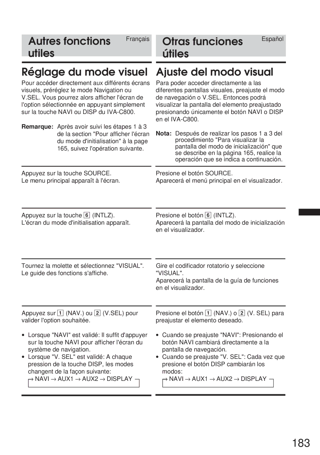 Alpine IVA-C800 owner manual 183, Utiles Útiles Réglage du mode visuel, Ajuste del modo visual 