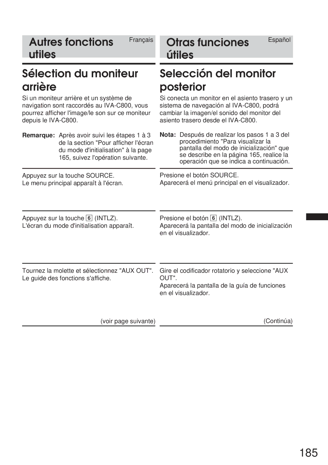 Alpine IVA-C800 owner manual 185, Utiles Útiles Sélection du moniteur arrière, Selección del monitor posterior 