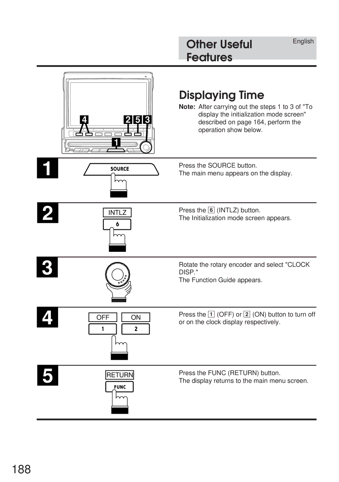 Alpine IVA-C800 owner manual 188, Displaying Time, Rotate the rotary encoder and select Clock, Function Guide appears 