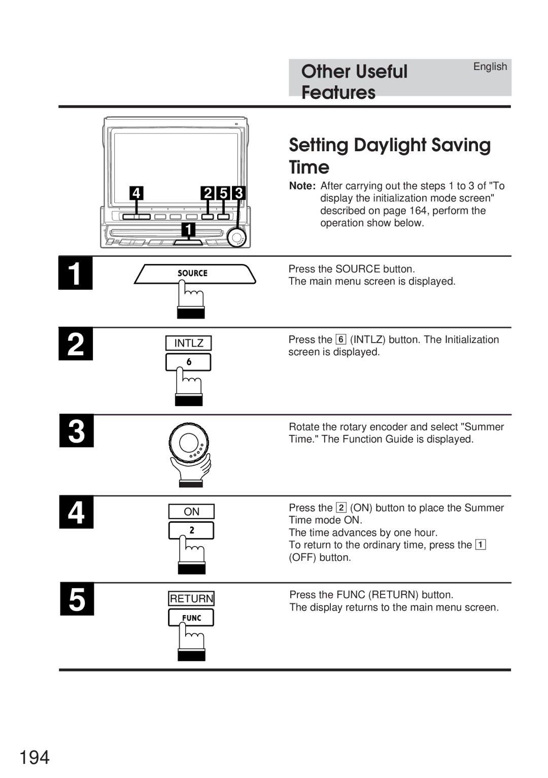 Alpine IVA-C800 owner manual 194, Setting Daylight Saving Time, Main menu screen is displayed, Screen is displayed 