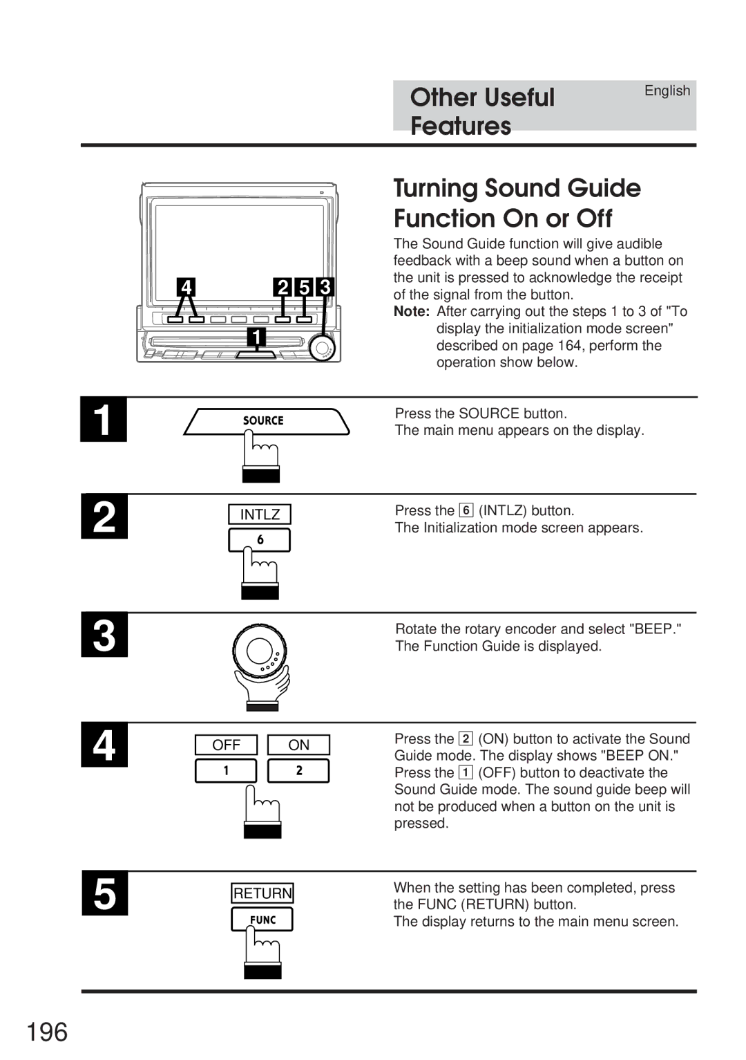 Alpine IVA-C800 owner manual 196, Turning Sound Guide Function On or Off 