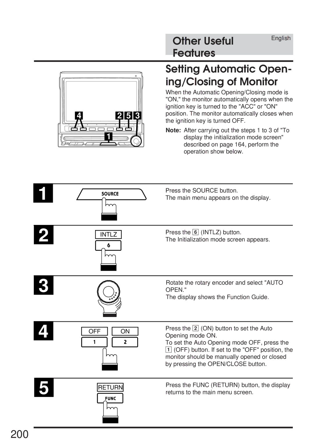 Alpine IVA-C800 owner manual 200, Setting Automatic Open- ing/Closing of Monitor 