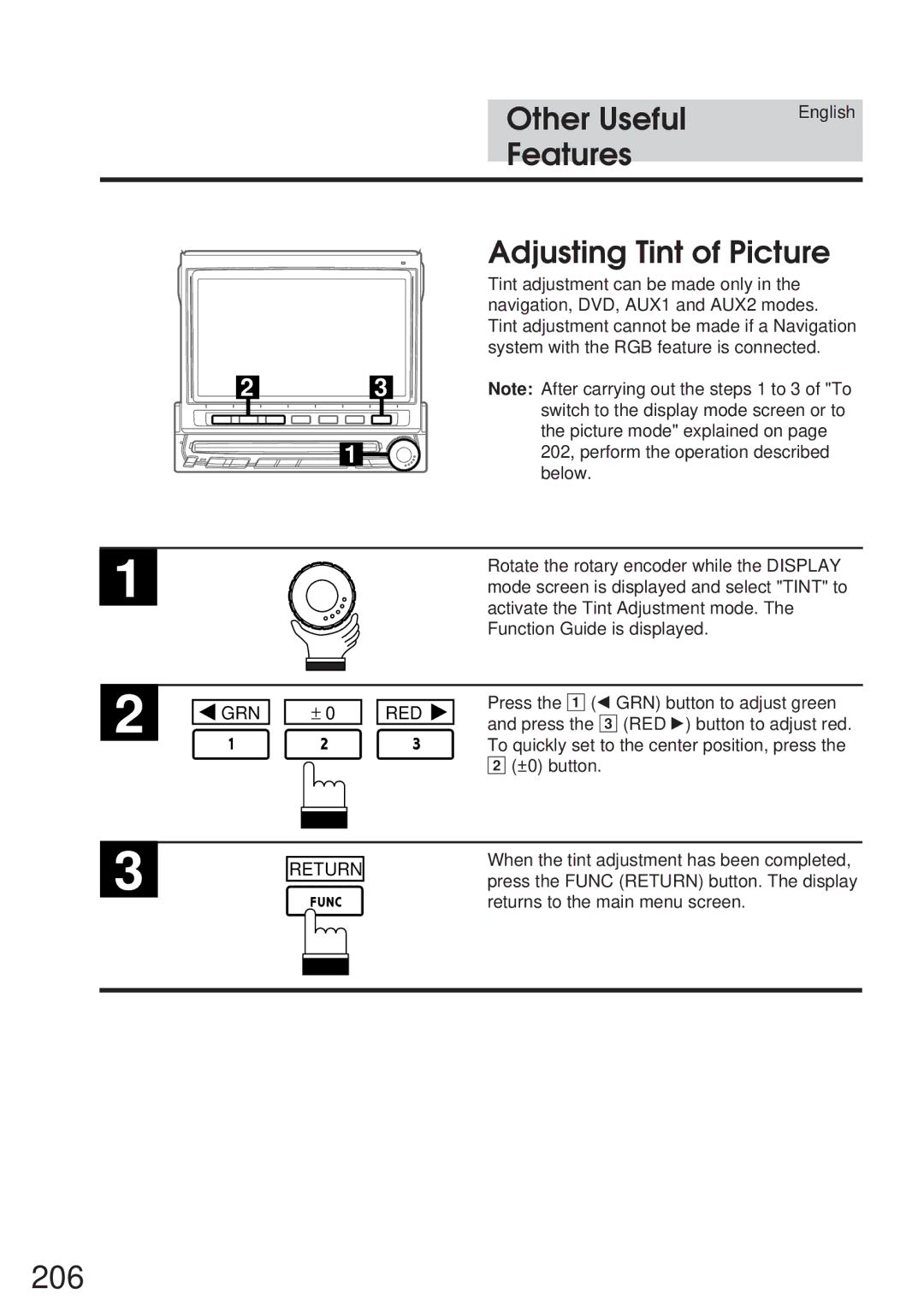 Alpine IVA-C800 owner manual 206, Adjusting Tint of Picture, Activate the Tint Adjustment mode, Grn, Red 