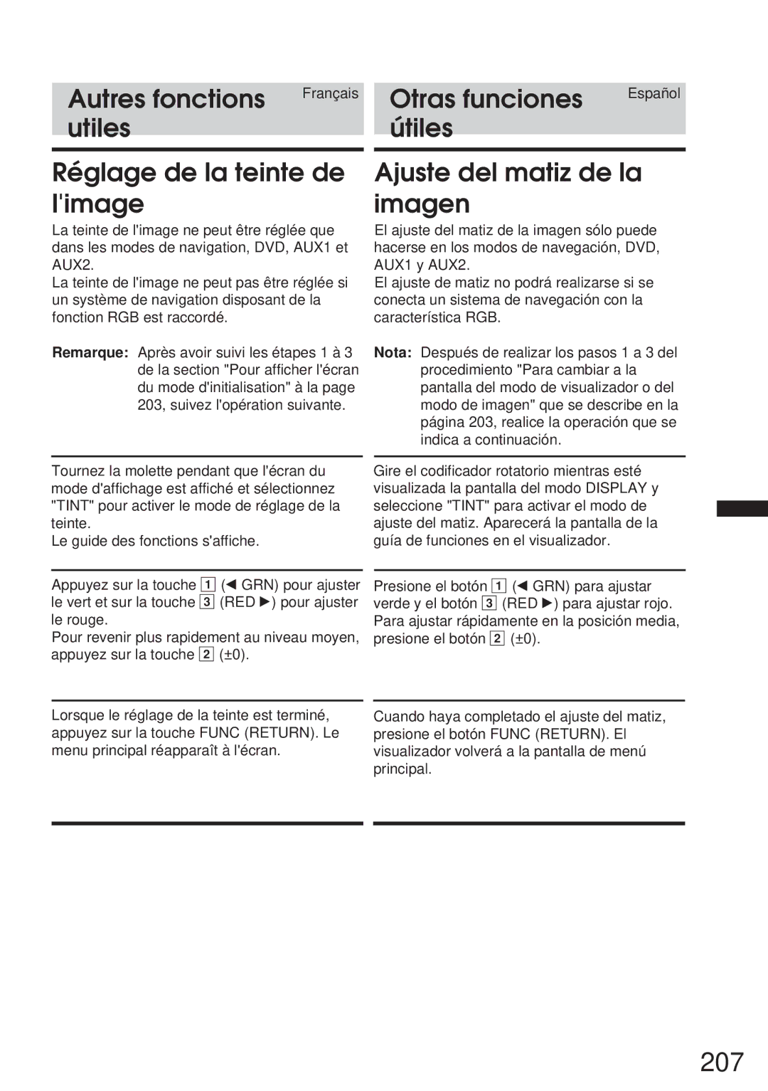 Alpine IVA-C800 owner manual 207, Utiles Útiles Réglage de la teinte de limage, Ajuste del matiz de la imagen 