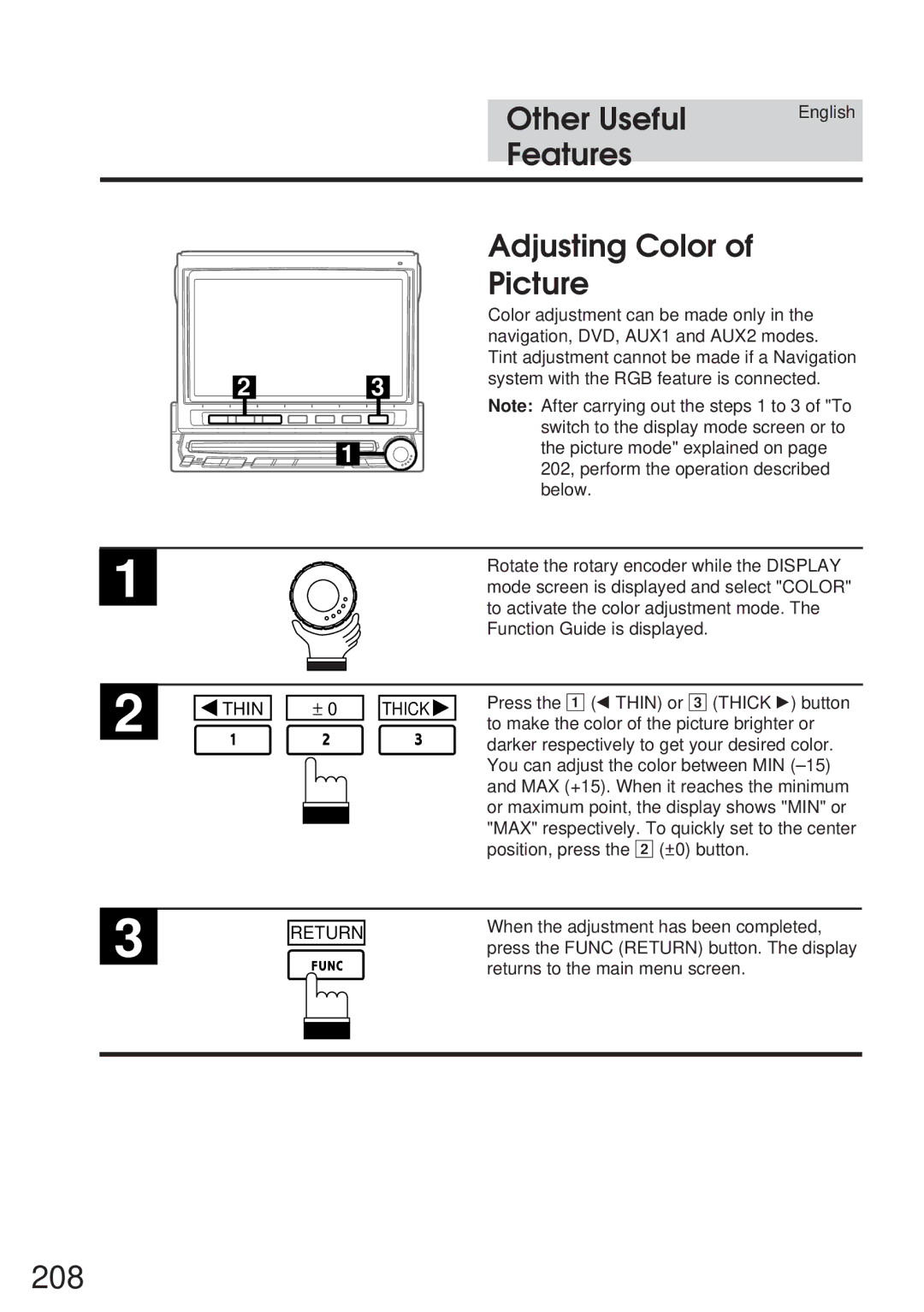 Alpine IVA-C800 owner manual 208, Adjusting Color Picture, Thick 